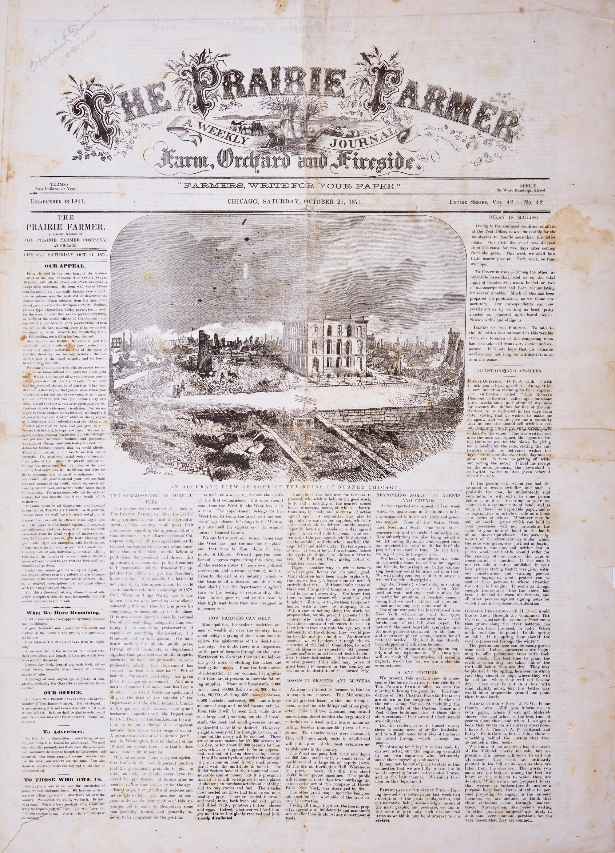 [Americana] [Chicago Fire] The Prairie Farmer A Weekly Journal for the Farm, Orchard and Fireside