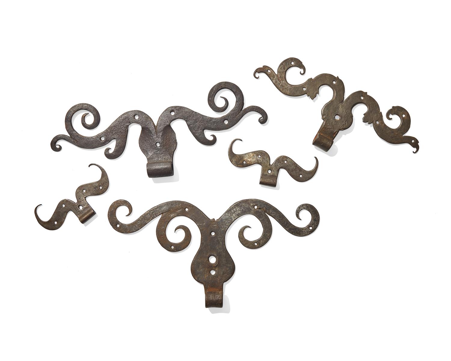 A Group of Five Moravian-Type Wrought Iron Ram's Horn Hinges, Pennsylvania, 18th Century