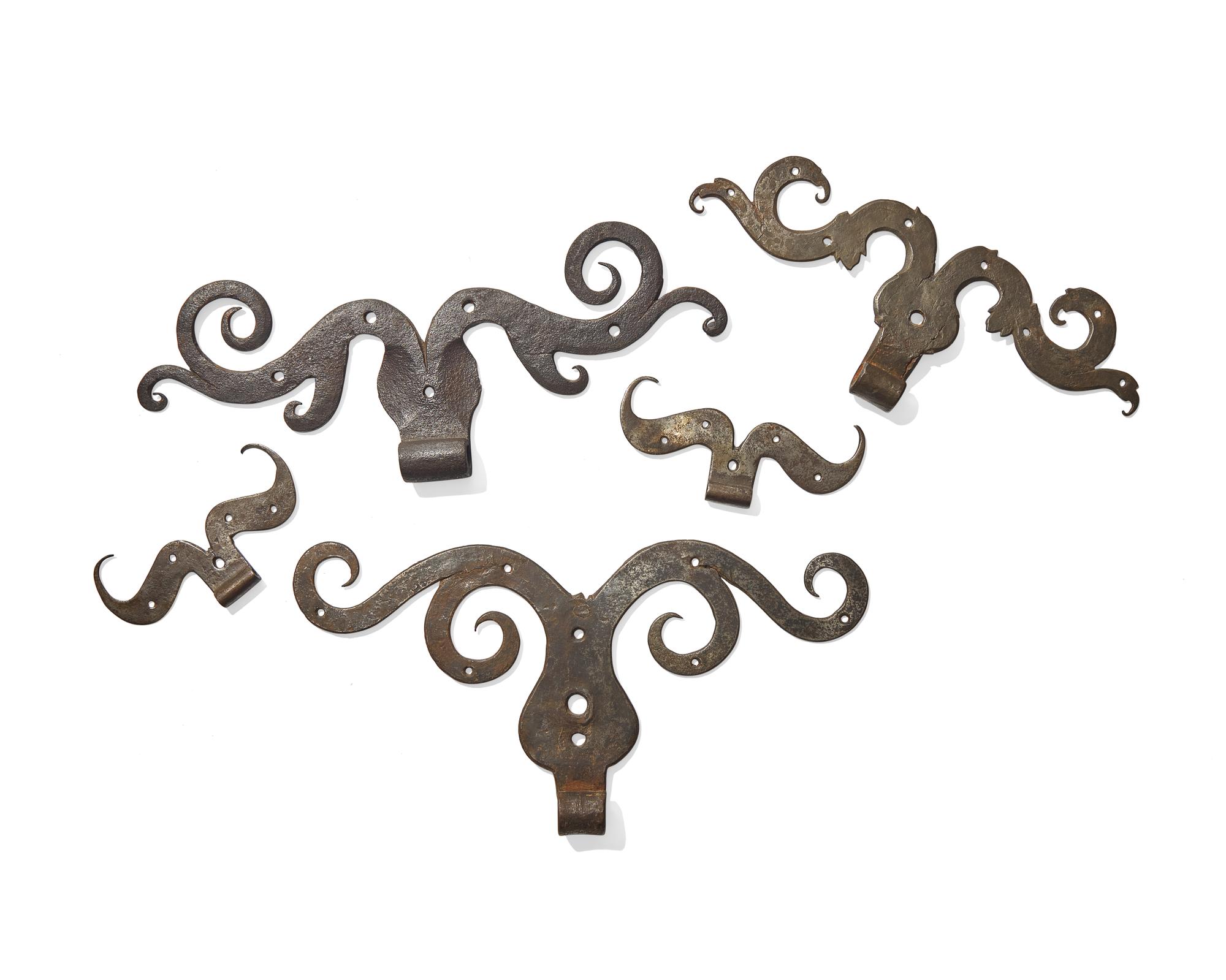 A Group of Five Moravian-Type Wrought Iron Ram's Horn Hinges, Pennsylvania, 18th Century