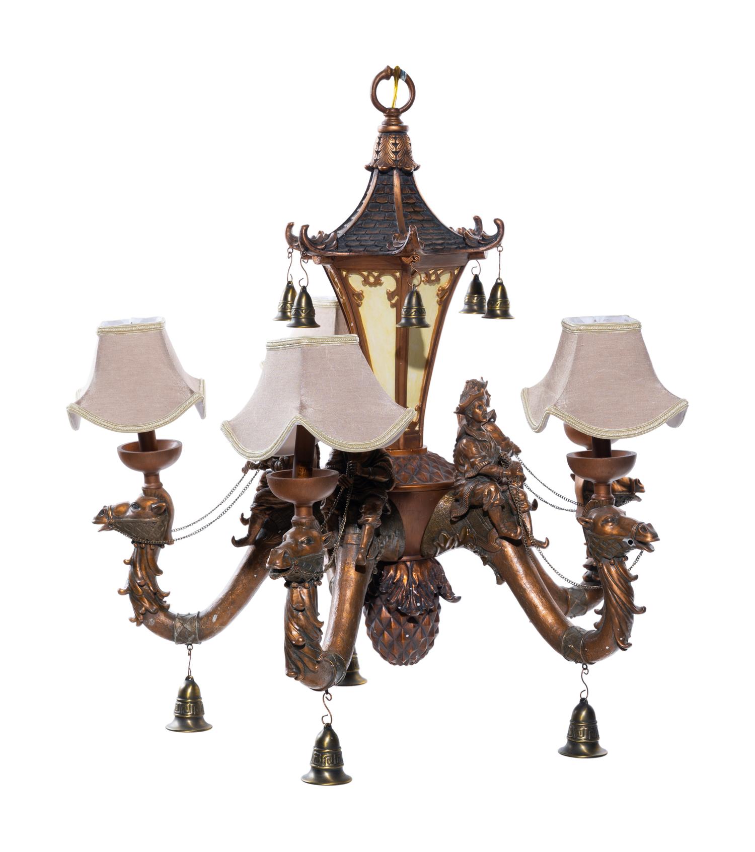 A Chinoiserie Style Polychromed Composition Five-Light Chandelier