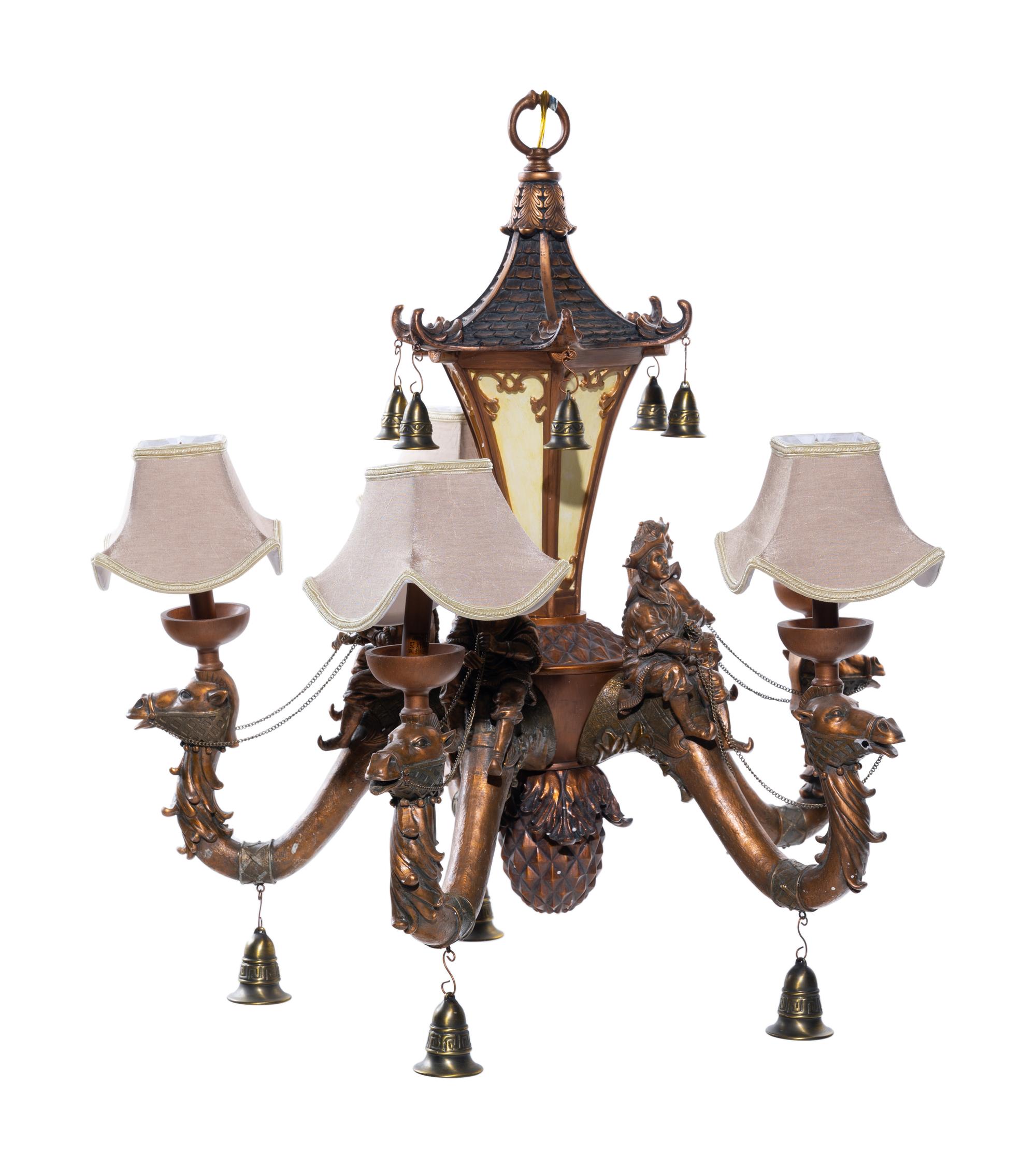 A Chinoiserie Style Polychromed Composition Five-Light Chandelier