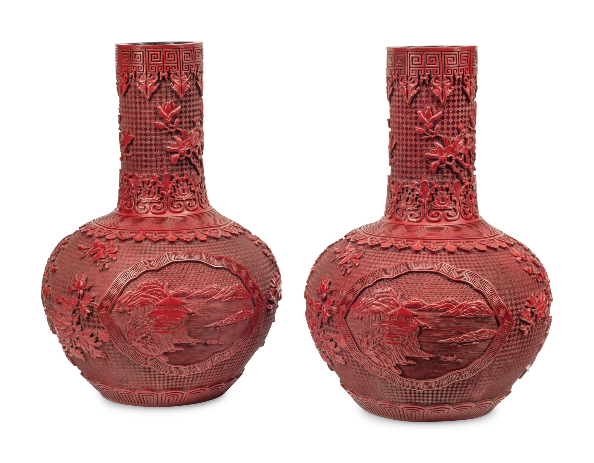 A Pair of Chinese Carved Red Lacquer Vases