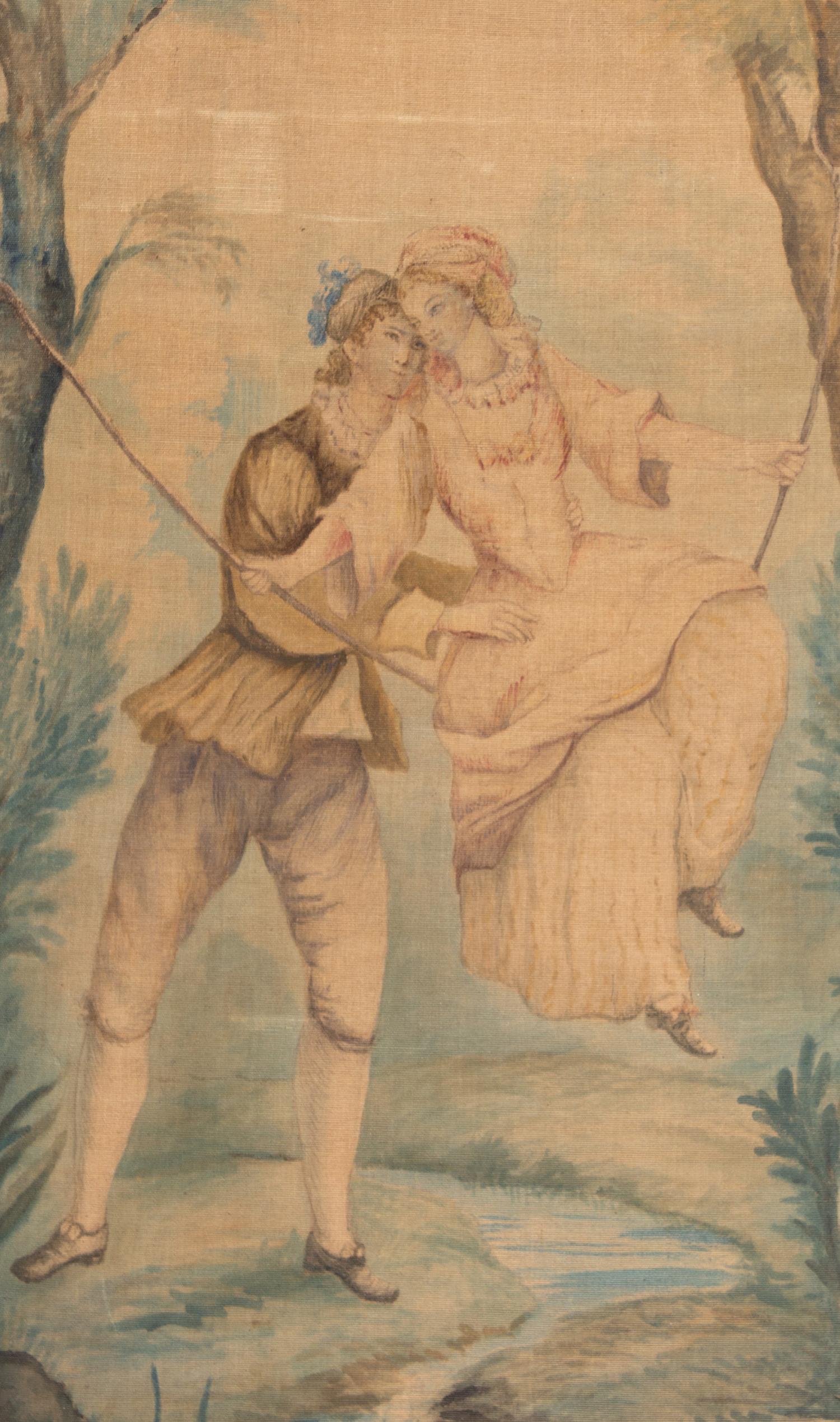 A French Painted Canvas Four-Panel Floor Screen