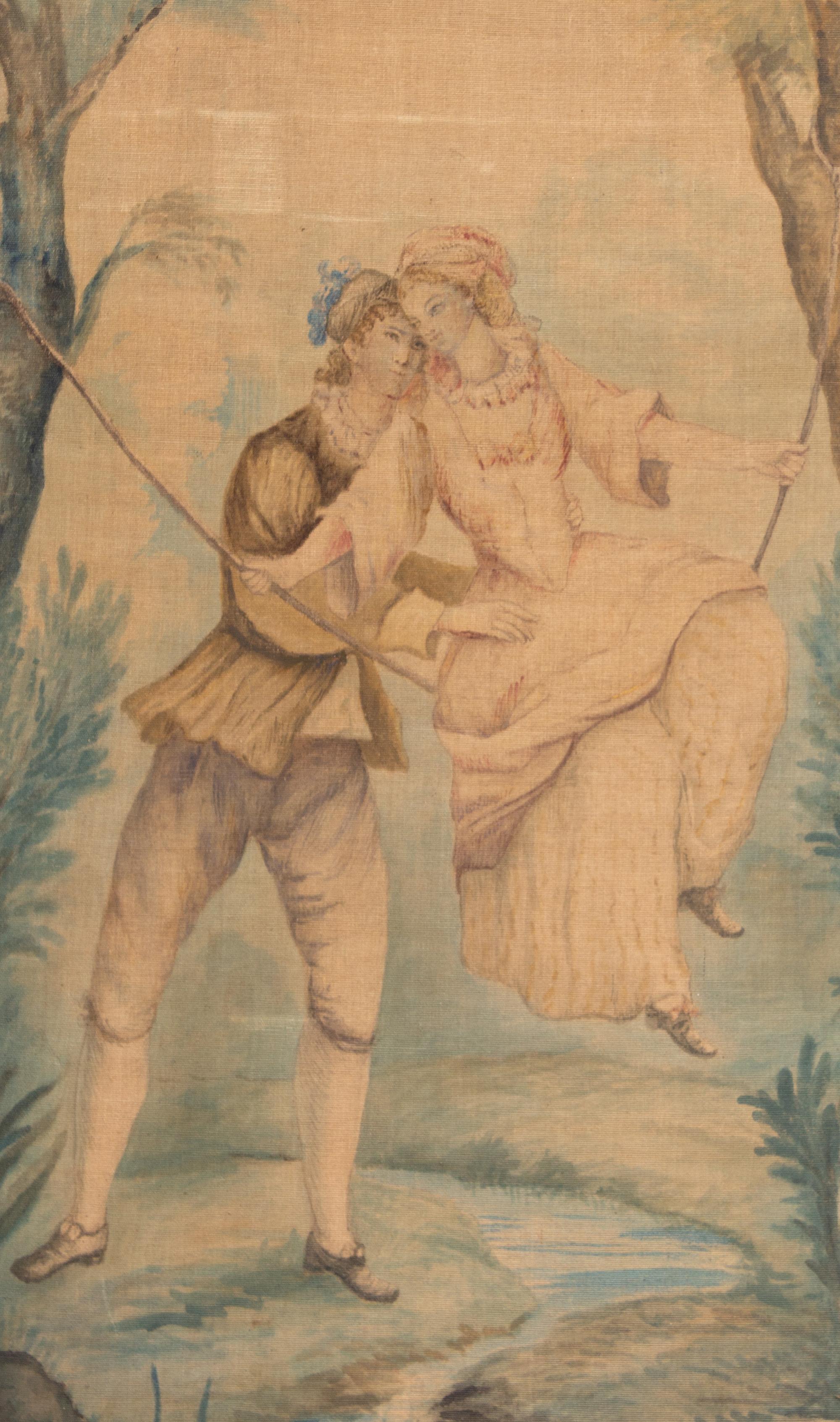 A French Painted Canvas Four-Panel Floor Screen