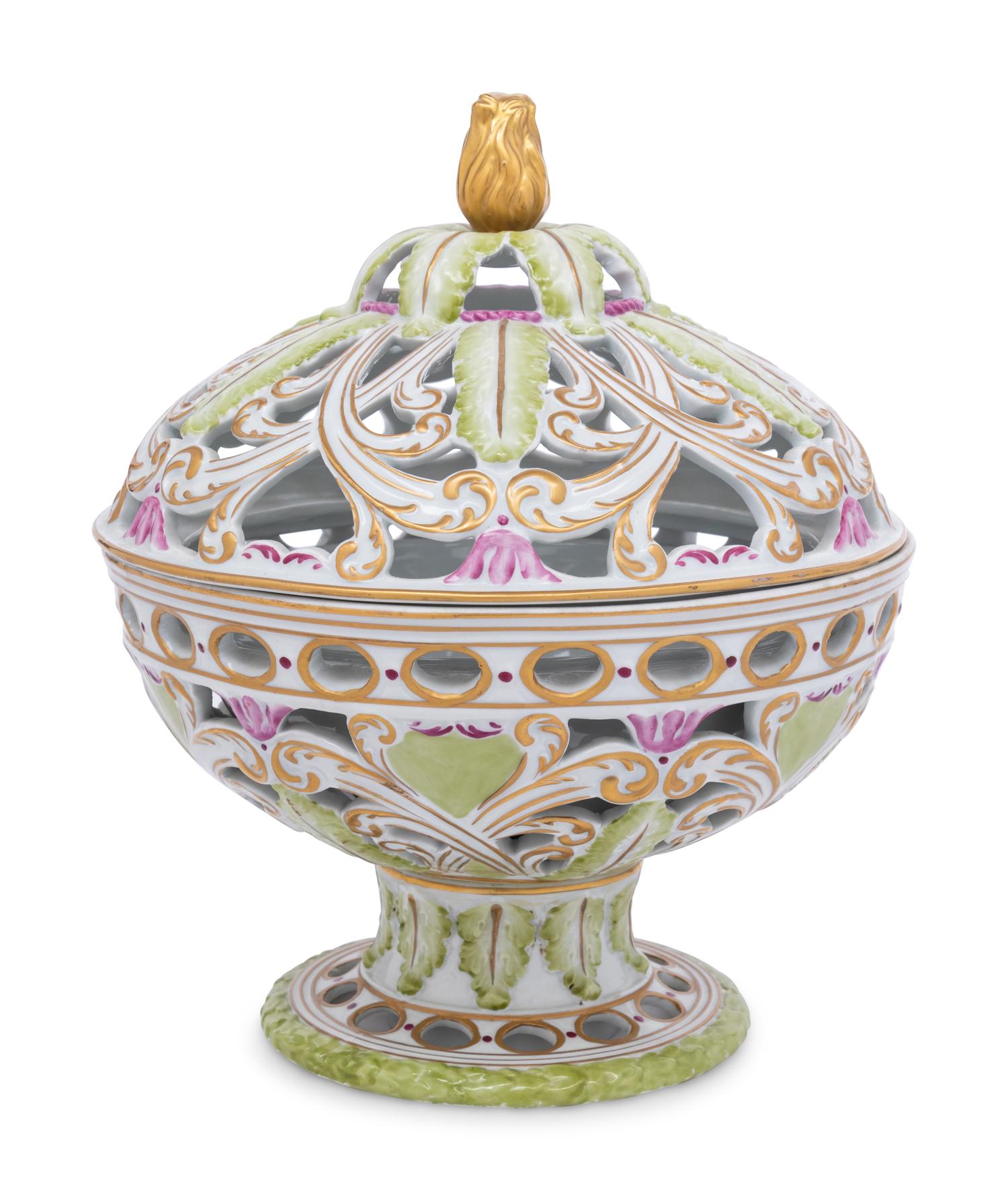 A French Polychrome Glazed Porcelain Reticulated Bowl and Cover