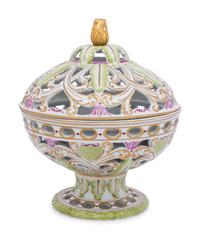 A French Polychrome Glazed Porcelain Reticulated Bowl and Cover