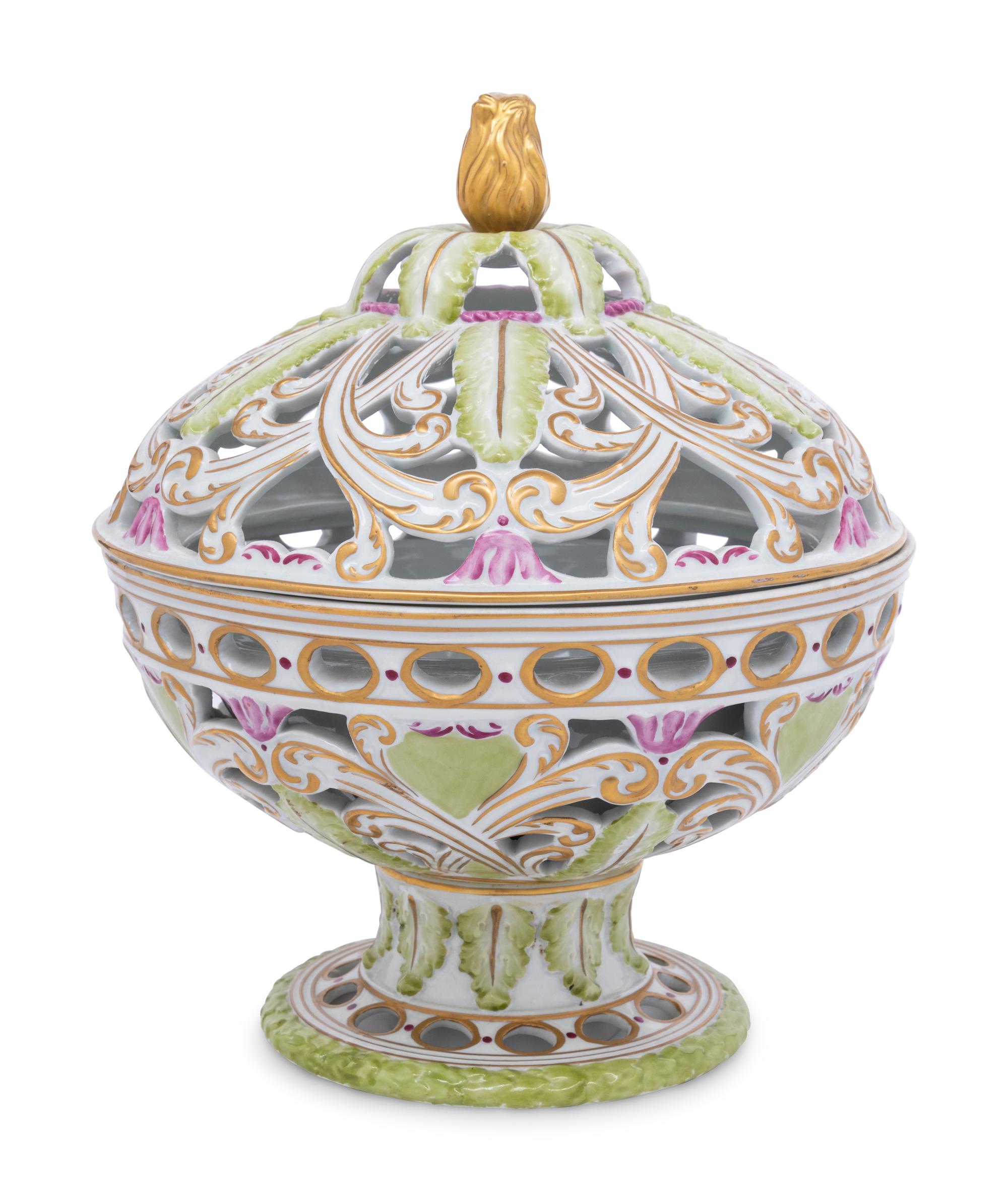 A French Polychrome Glazed Porcelain Reticulated Bowl and Cover