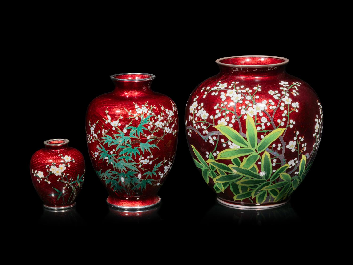 Three Japanese Red Ground Cloisonné Jars