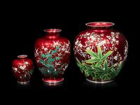 Three Japanese Red Ground Cloisonné Jars