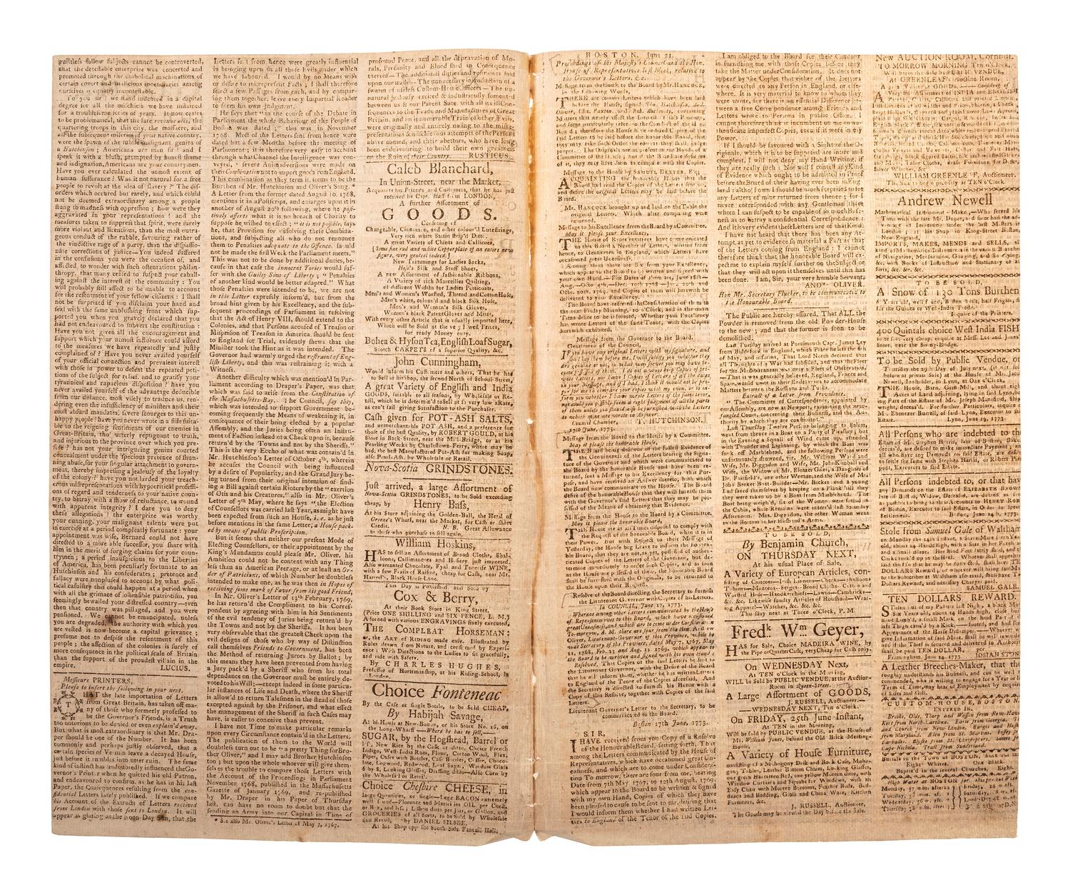 [PRE-REVOLUTIONARY WAR]. The Boston Gazette and Country Journal . No. 950. Boston, MA: Edes & Gill, 21 June 1773.