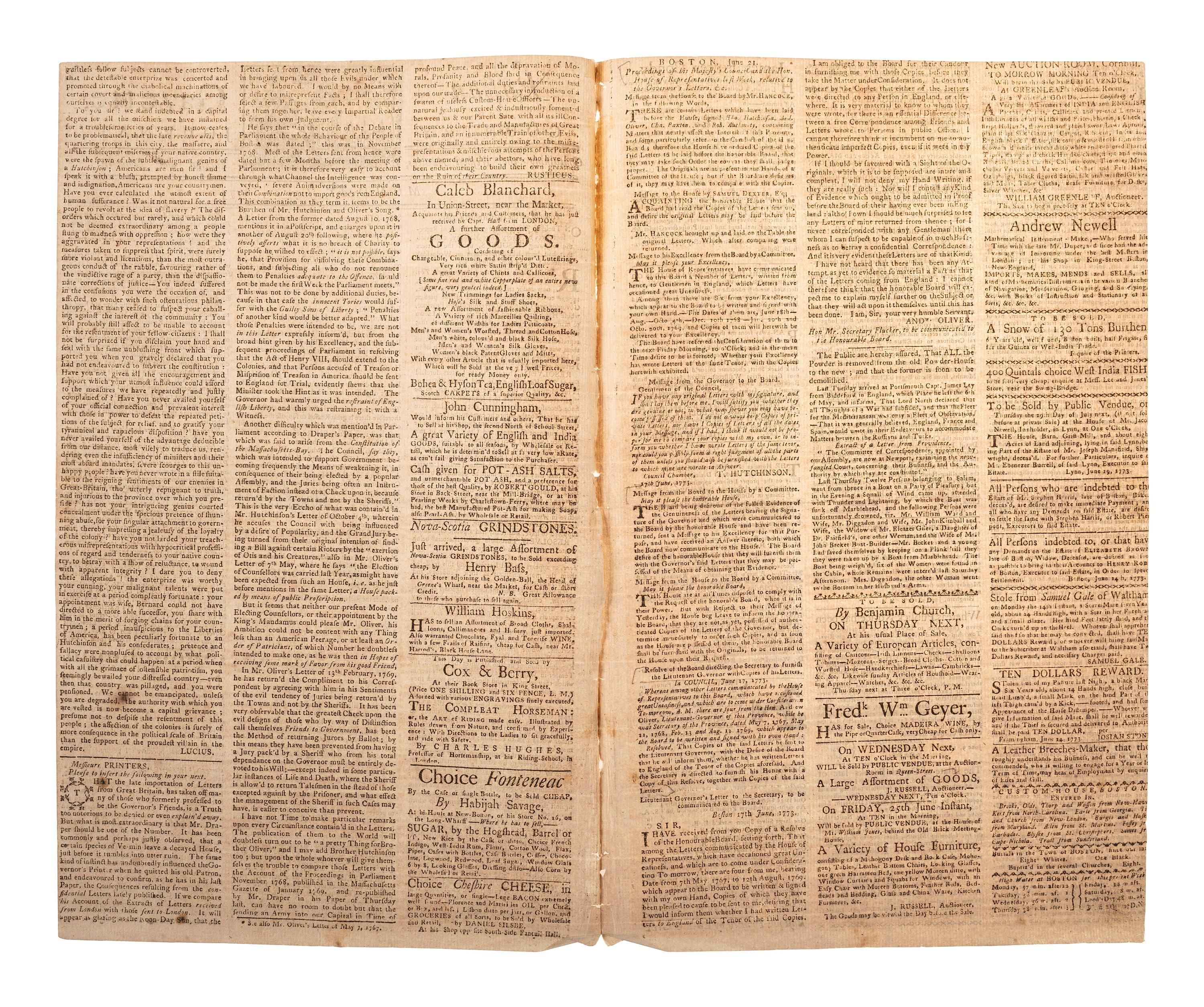 [PRE-REVOLUTIONARY WAR]. The Boston Gazette and Country Journal . No. 950. Boston, MA: Edes & Gill, 21 June 1773.