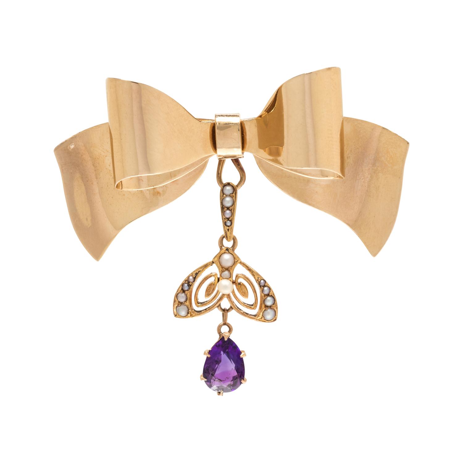 YELLOW GOLD, AMETHYST AND SEED PEARL CONVERTIBLE BOW BROOCH