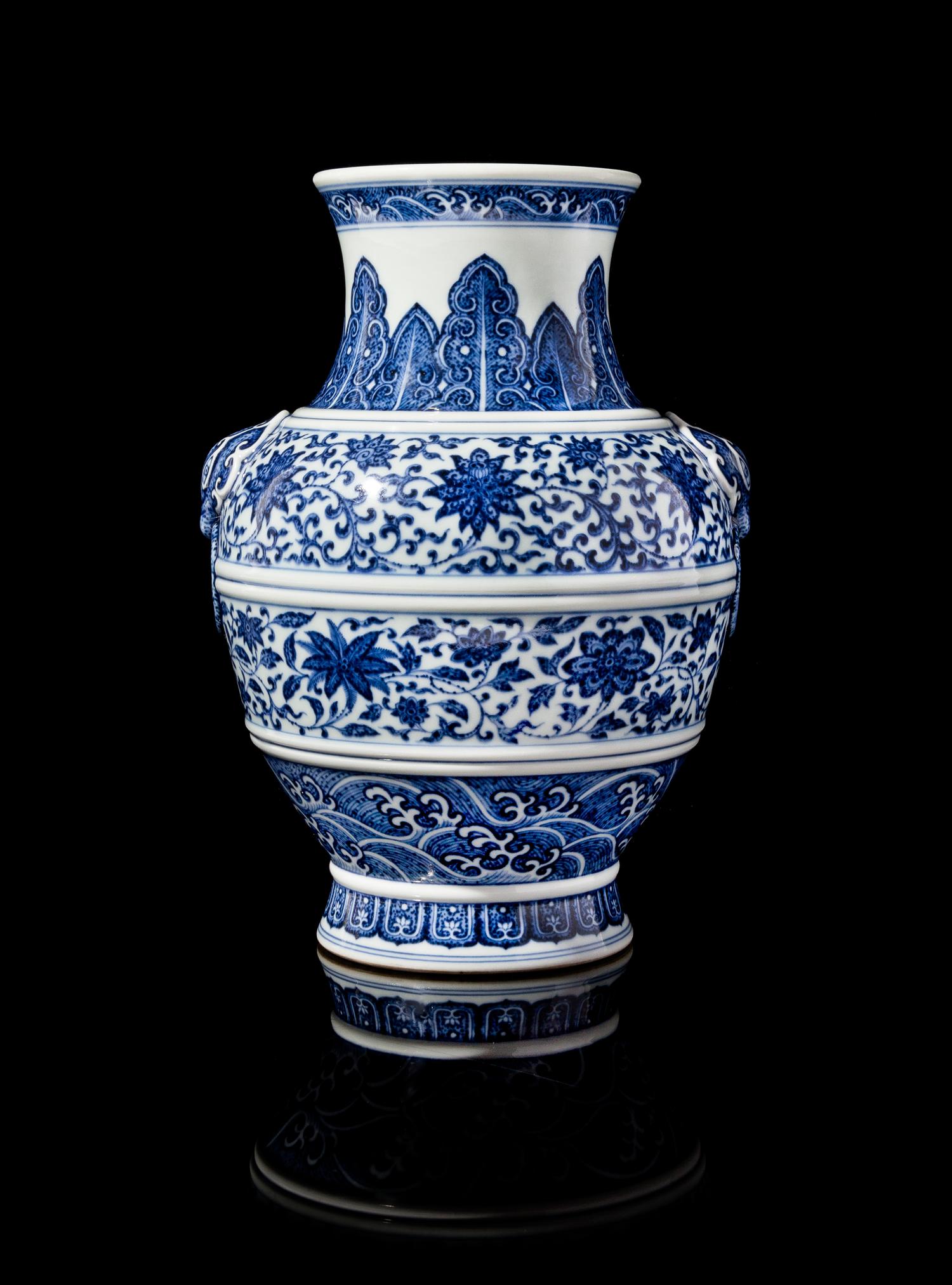 A Fine Blue and White Porcelain Hu Vase Height 9 3/4 inches. — QIANLONG PERIOD (1736-1795)