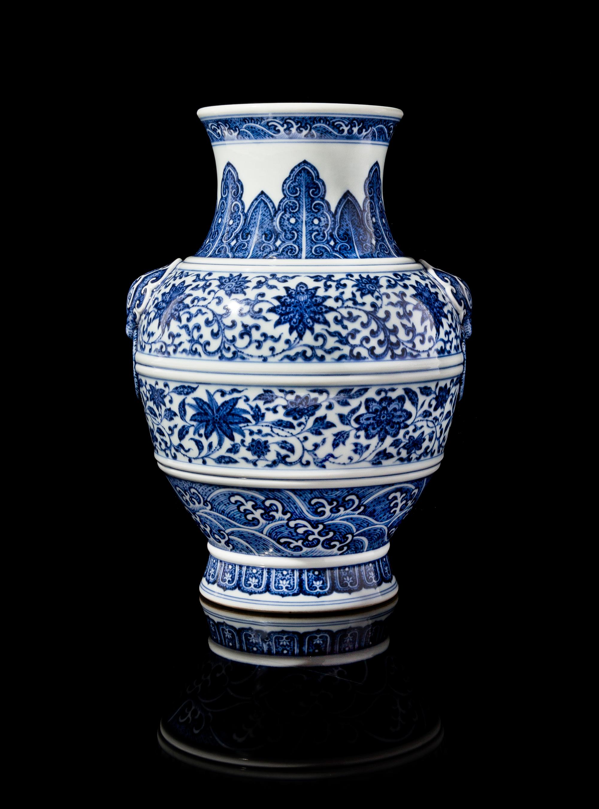 A Fine Blue and White Porcelain Hu Vase Height 9 3/4 inches. — QIANLONG PERIOD (1736-1795)
