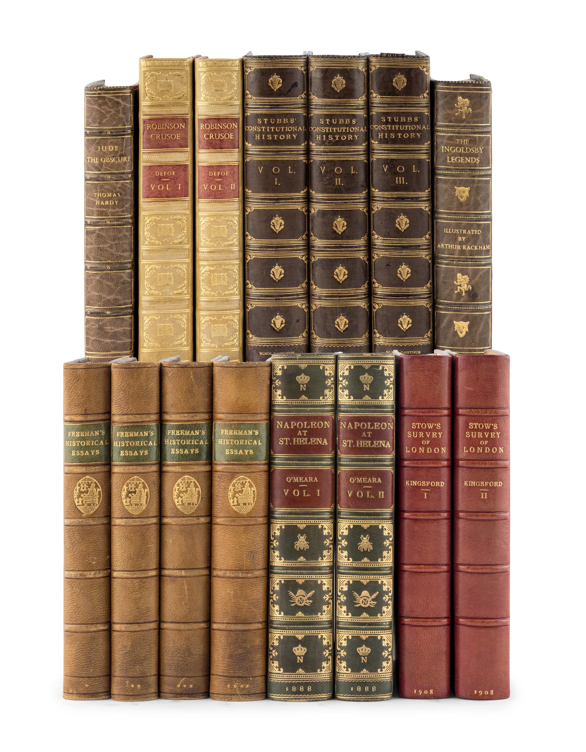 [BINDINGS] -- [HISTORY & LITERATURE]. A group of 7 works, most in full or half leather bindings, including works related to history and literature, comprising:
