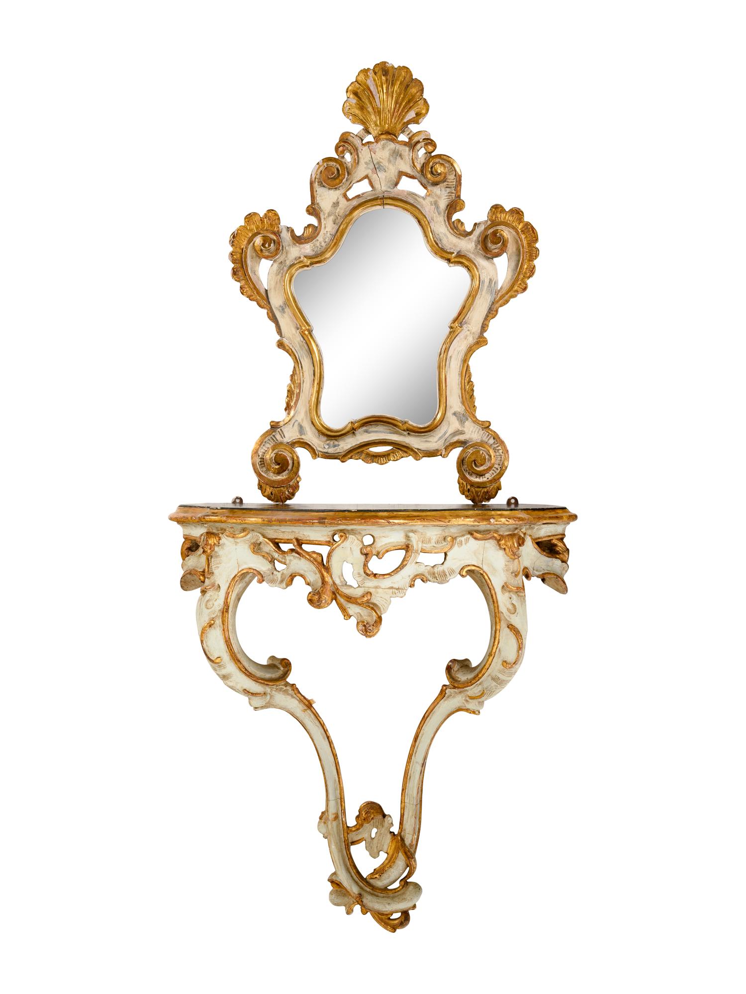 A Venetian Painted and Parcel Gilt Console Table and Mirror