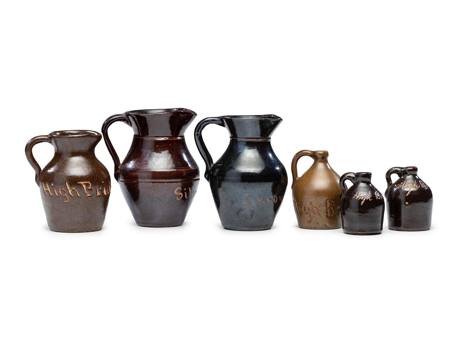 Six Fair and Amusement Park Souvenir Slip-Glazed Miniature Stoneware Vessels