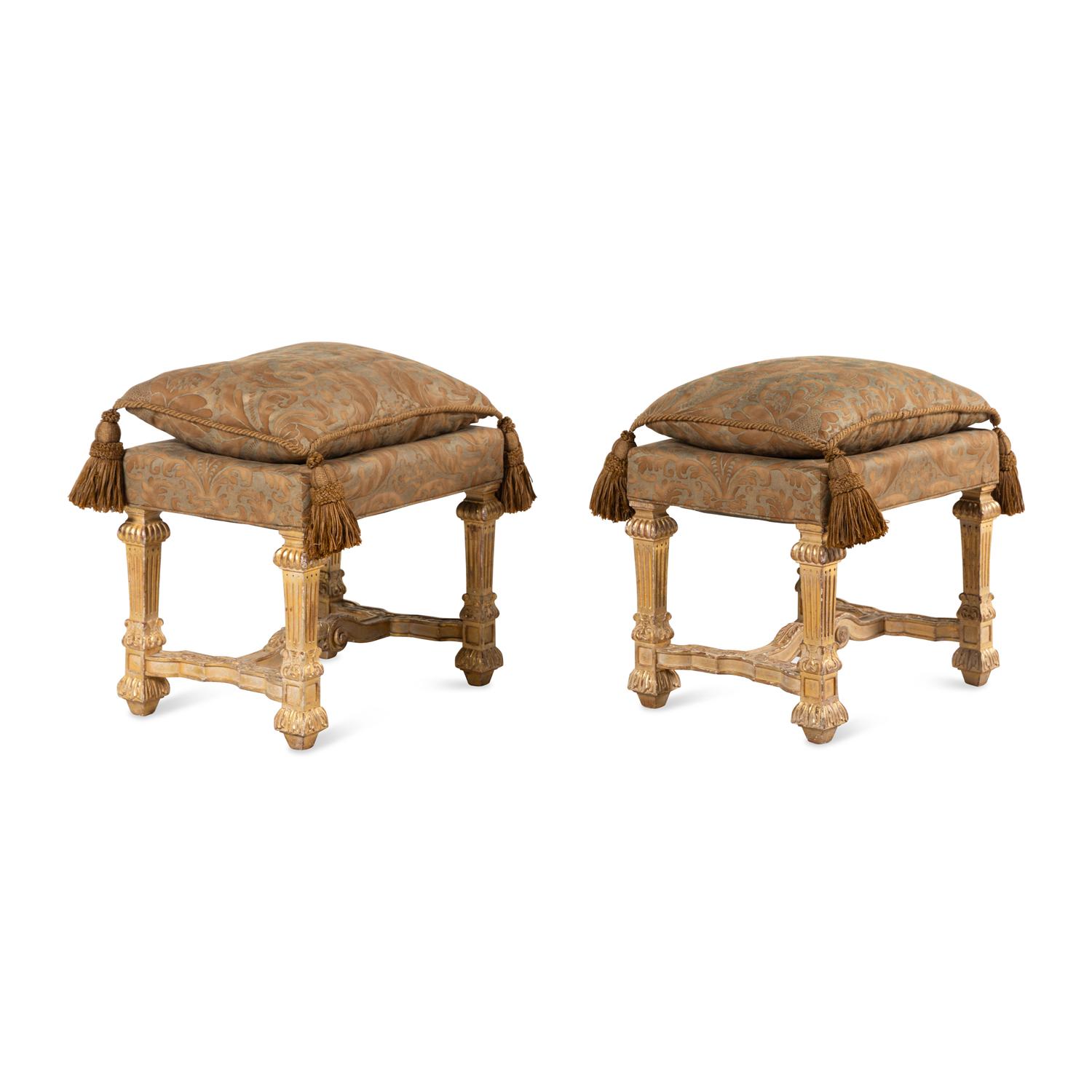 A Pair of Louis XIV Style Giltwood Tabourets with Fortuny Upholstery