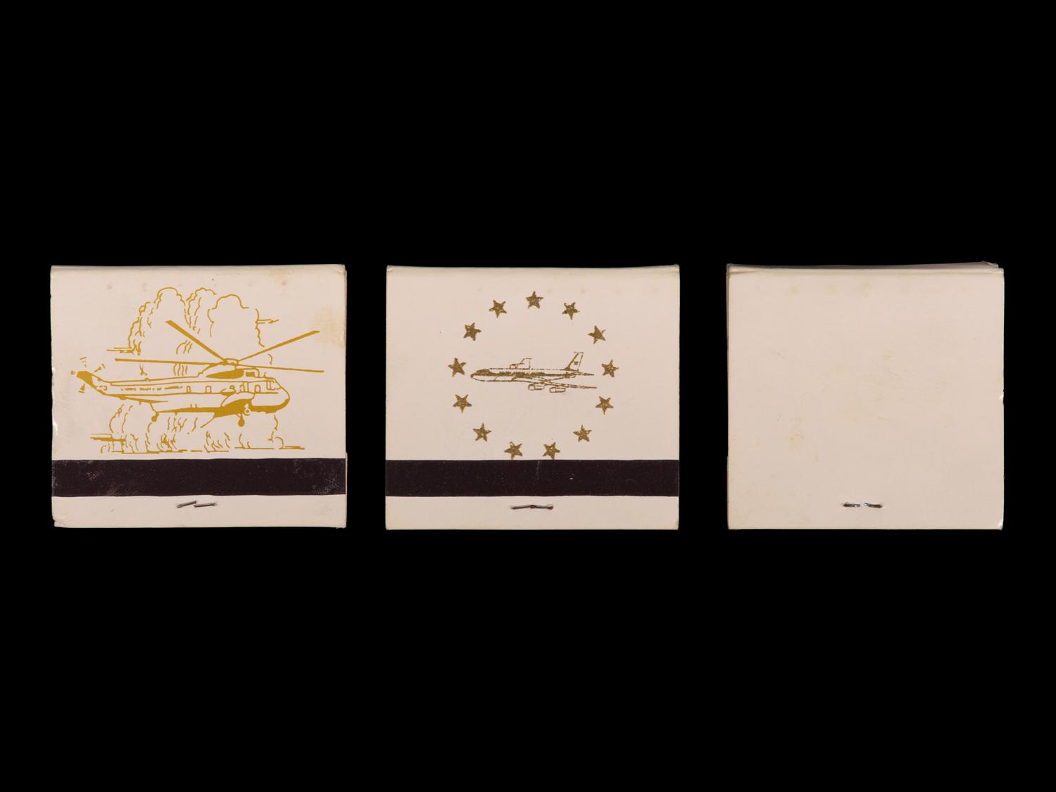 (Politics) : A group of 3 matchbooks from Marine One, Air Force One, and “The President’s House.”