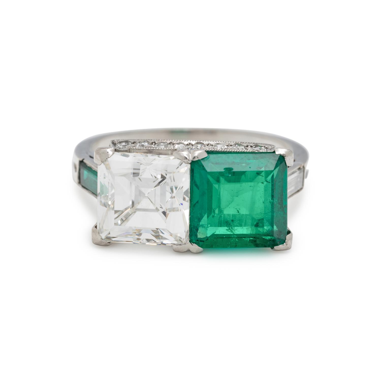 ART DECO, EMERALD AND DIAMOND 'TOI ET MOI' RING