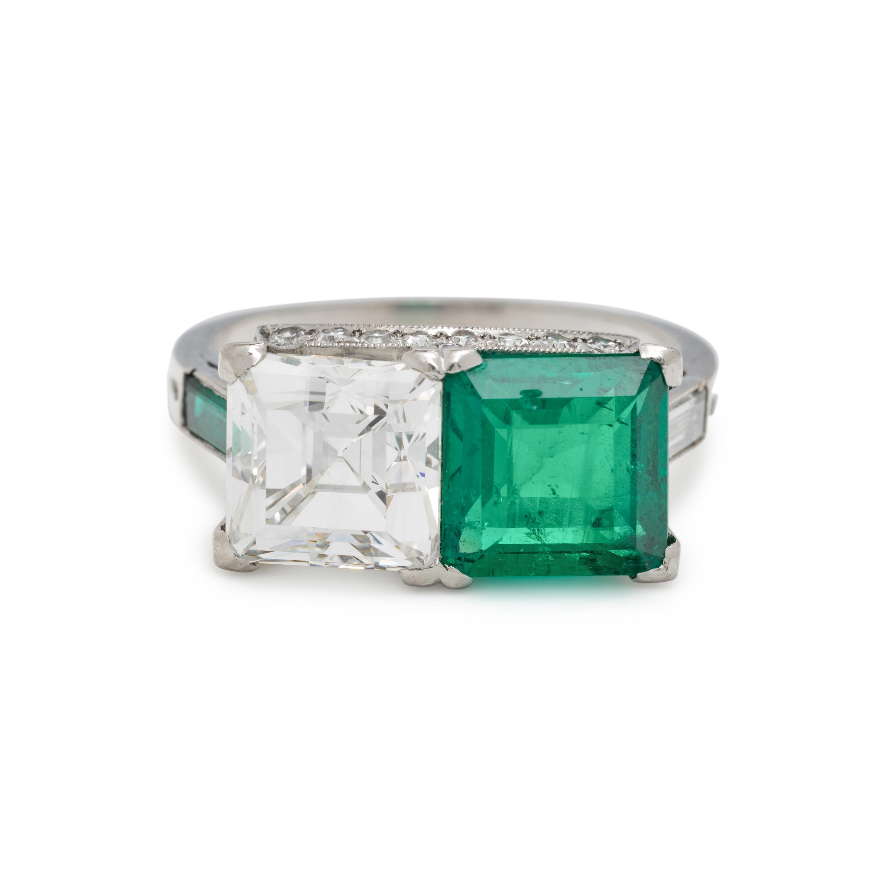 ART DECO, EMERALD AND DIAMOND 'TOI ET MOI' RING
