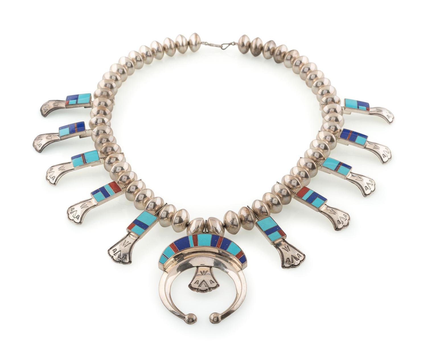 Southwestern-style Cast Sterling Silver Squash Blossom Necklace, with Mosaic Inlay