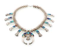 Southwestern-style Cast Sterling Silver Squash Blossom Necklace, with Mosaic Inlay
