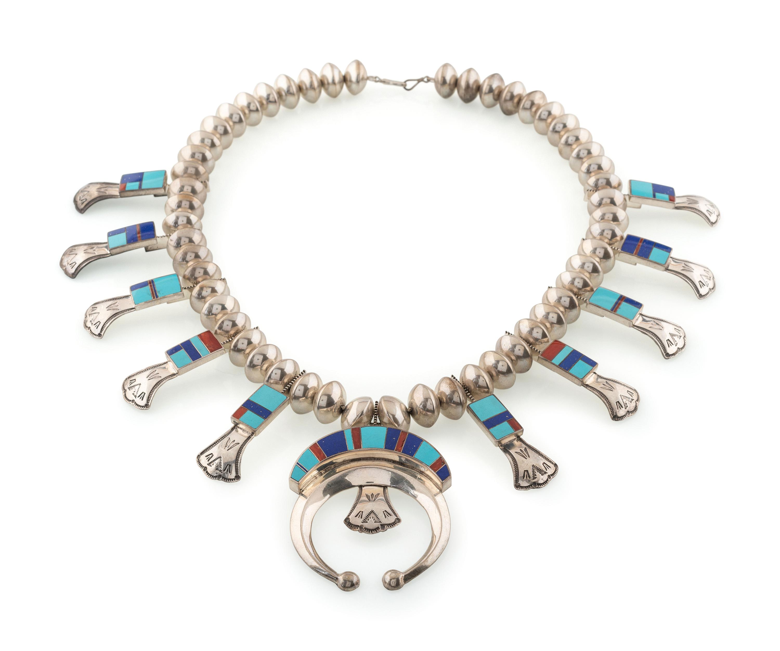 Southwestern-style Cast Sterling Silver Squash Blossom Necklace, with Mosaic Inlay