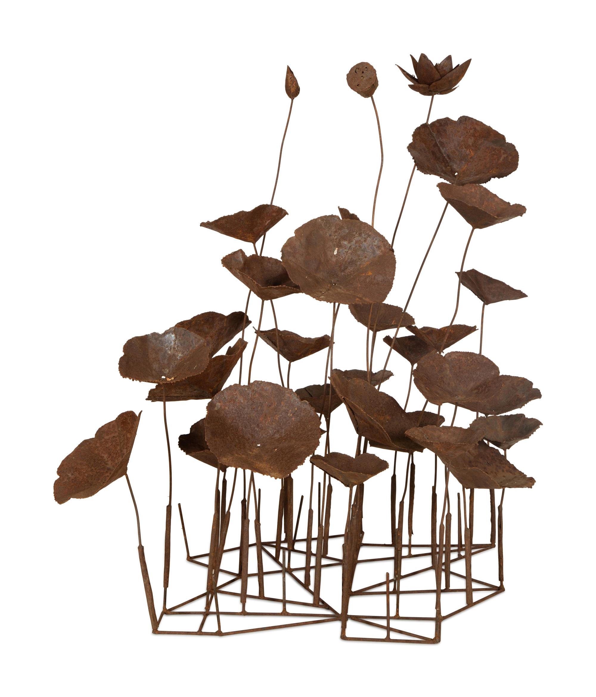 A Metal Multi-Headed Water Lily Sculpture