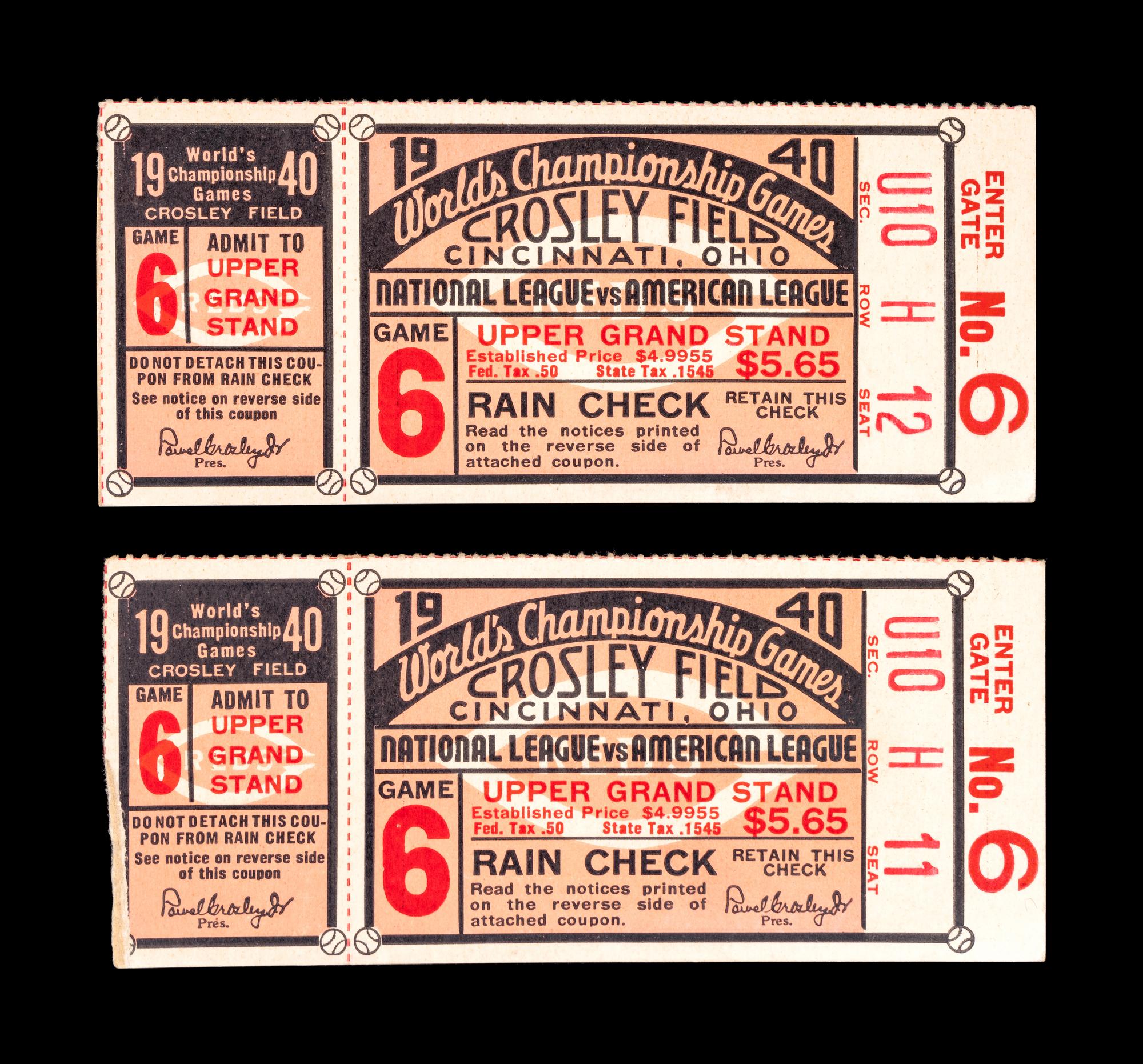 A Group of Two 1940 Cincinnati Reds vs. Detroit Tigers World Series Game 6 Tickets,