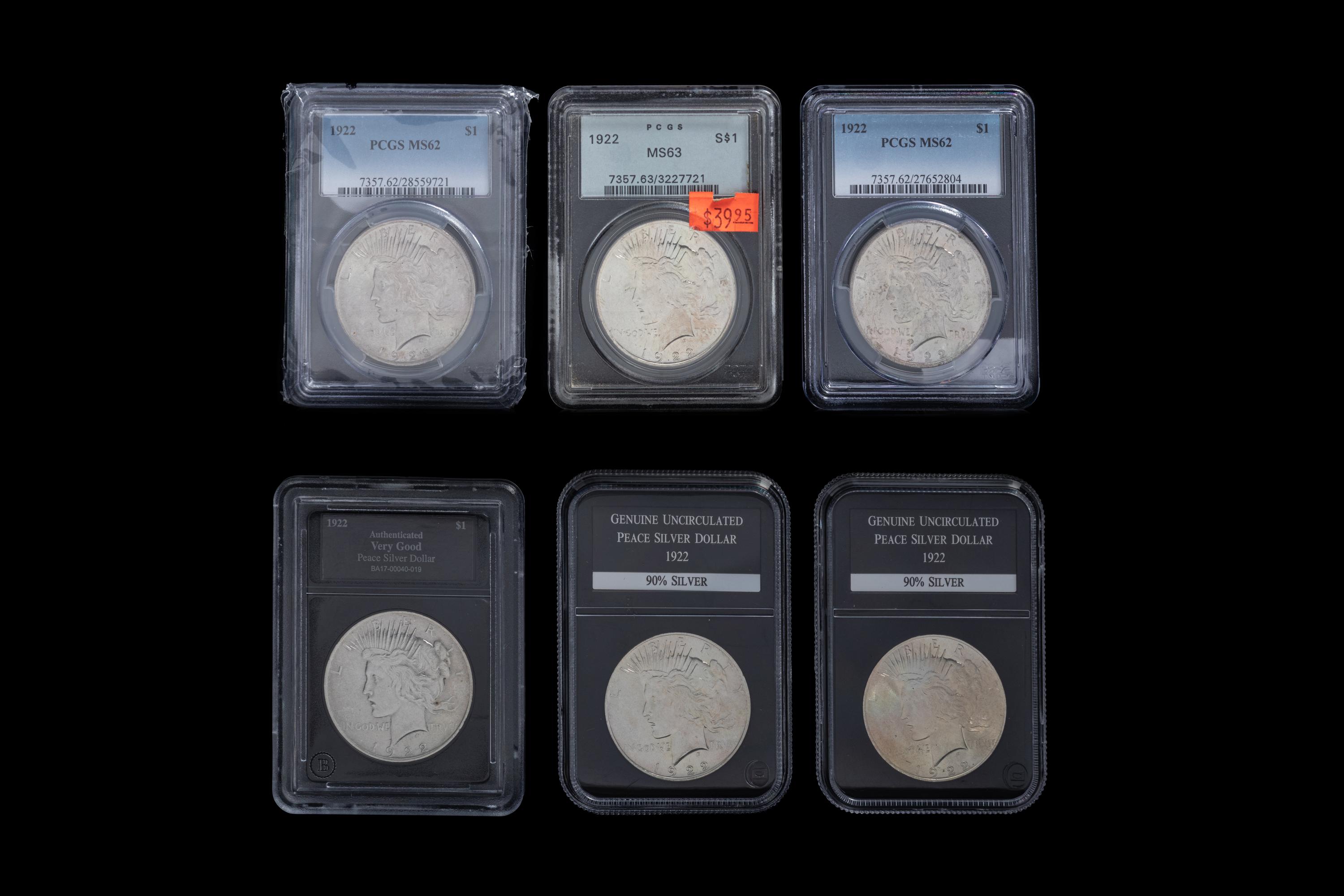 Six 1922 Peace $1 Coins