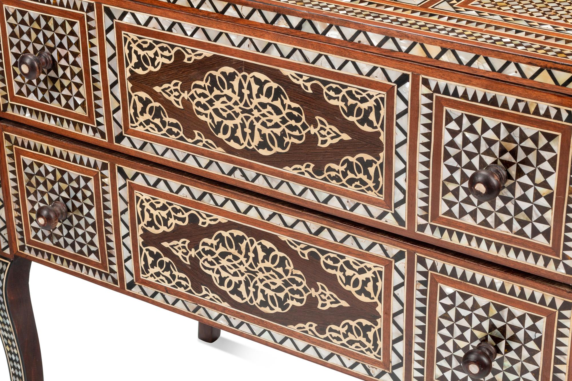 A Pair of Levantine Marquetry and Mother-of-Pearl Inlaid Two-Drawer Chests
