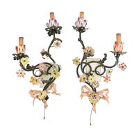 A Pair of Italian Tole Peinte and Porcelain Two-Light Wall Sconces