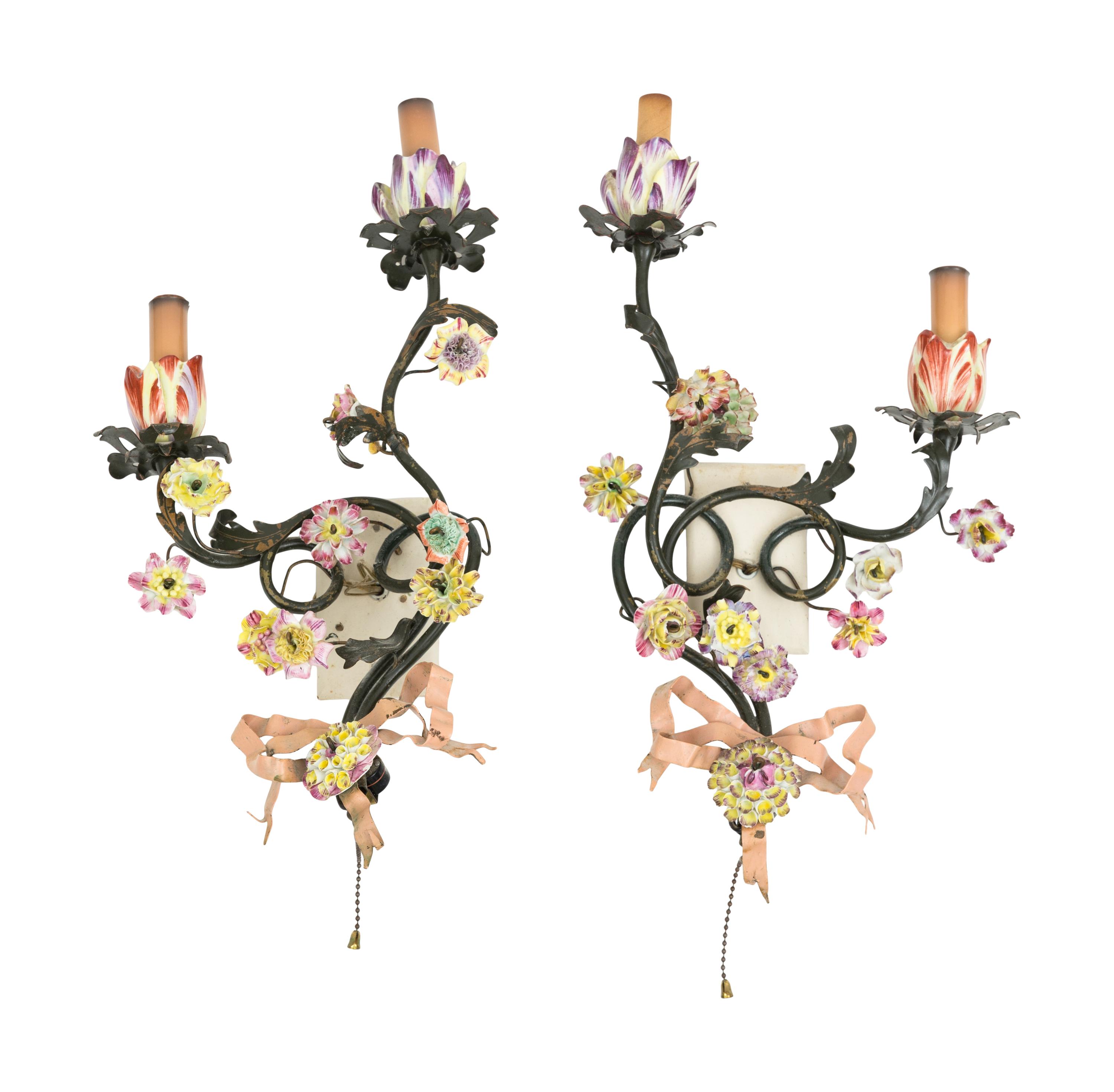A Pair of Italian Tole Peinte and Porcelain Two-Light Wall Sconces