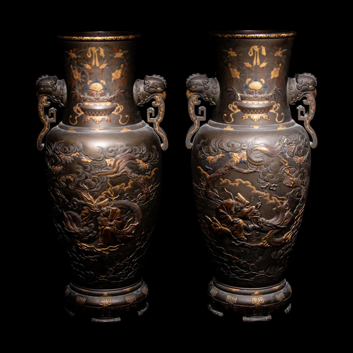 A Pair of Japanese Bronze and Mixed-Metal Baluster Vases, Meiji Period, Late 19th Century