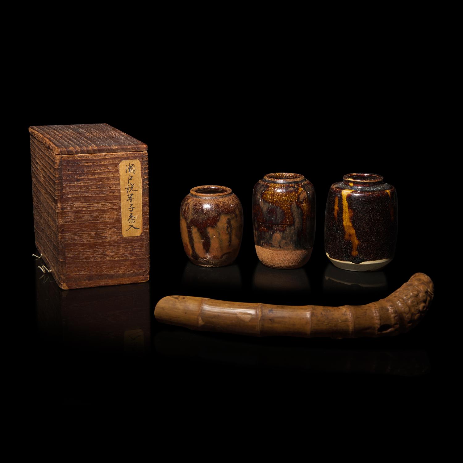 Three Japanese Tea Caddies, Chaire, with Shifuku , One Double Box, and a Bamboo Scoop, The first Chaire 16th Century