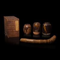 Three Japanese Tea Caddies, Chaire, with Shifuku , One Double Box, and a Bamboo Scoop, The first Chaire 16th Century