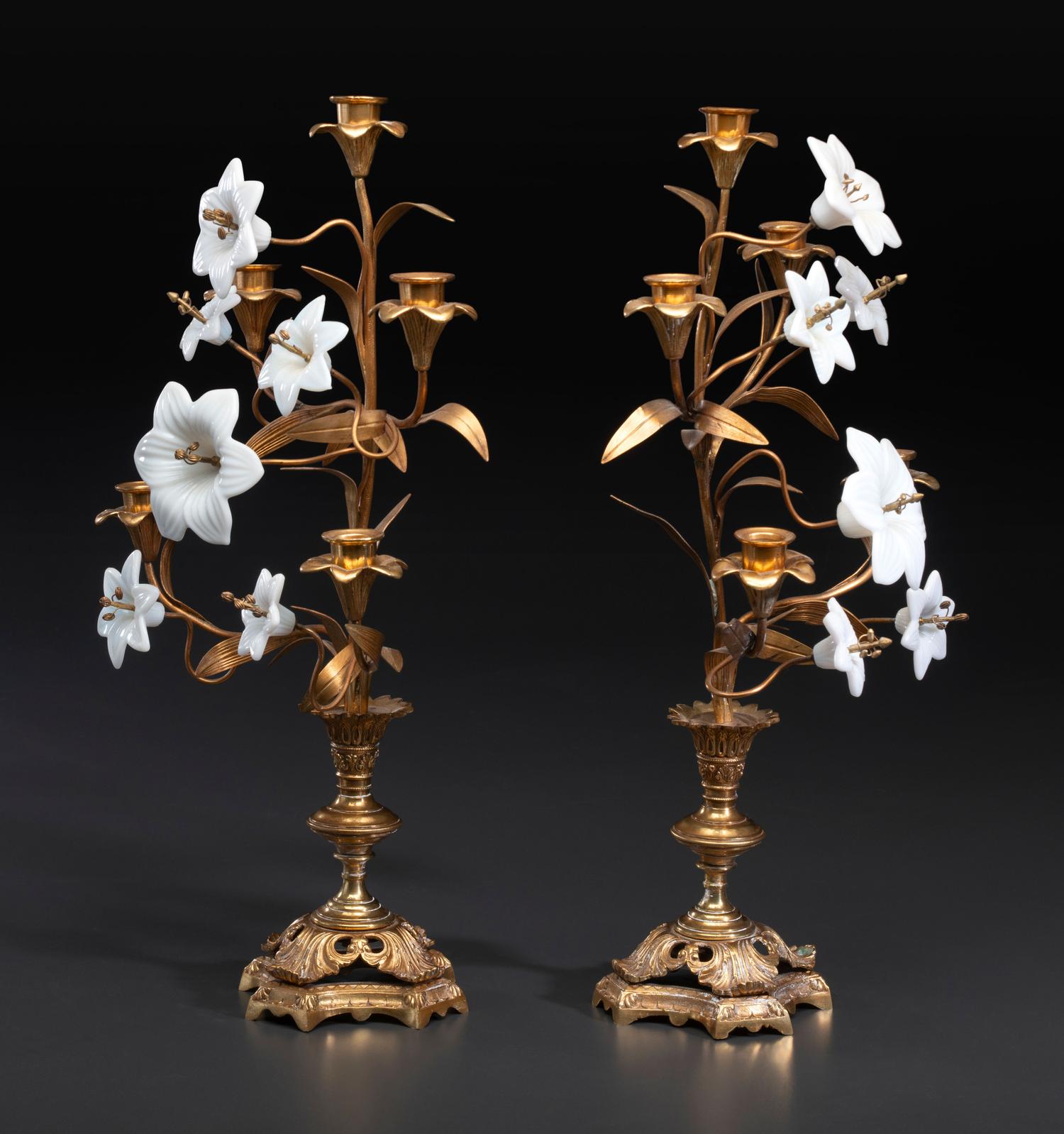 A Pair of French Gilt Metal and Opaline Glass Five-Light Floral Candelabra
