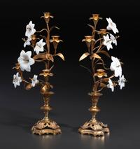 A Pair of French Gilt Metal and Opaline Glass Five-Light Floral Candelabra