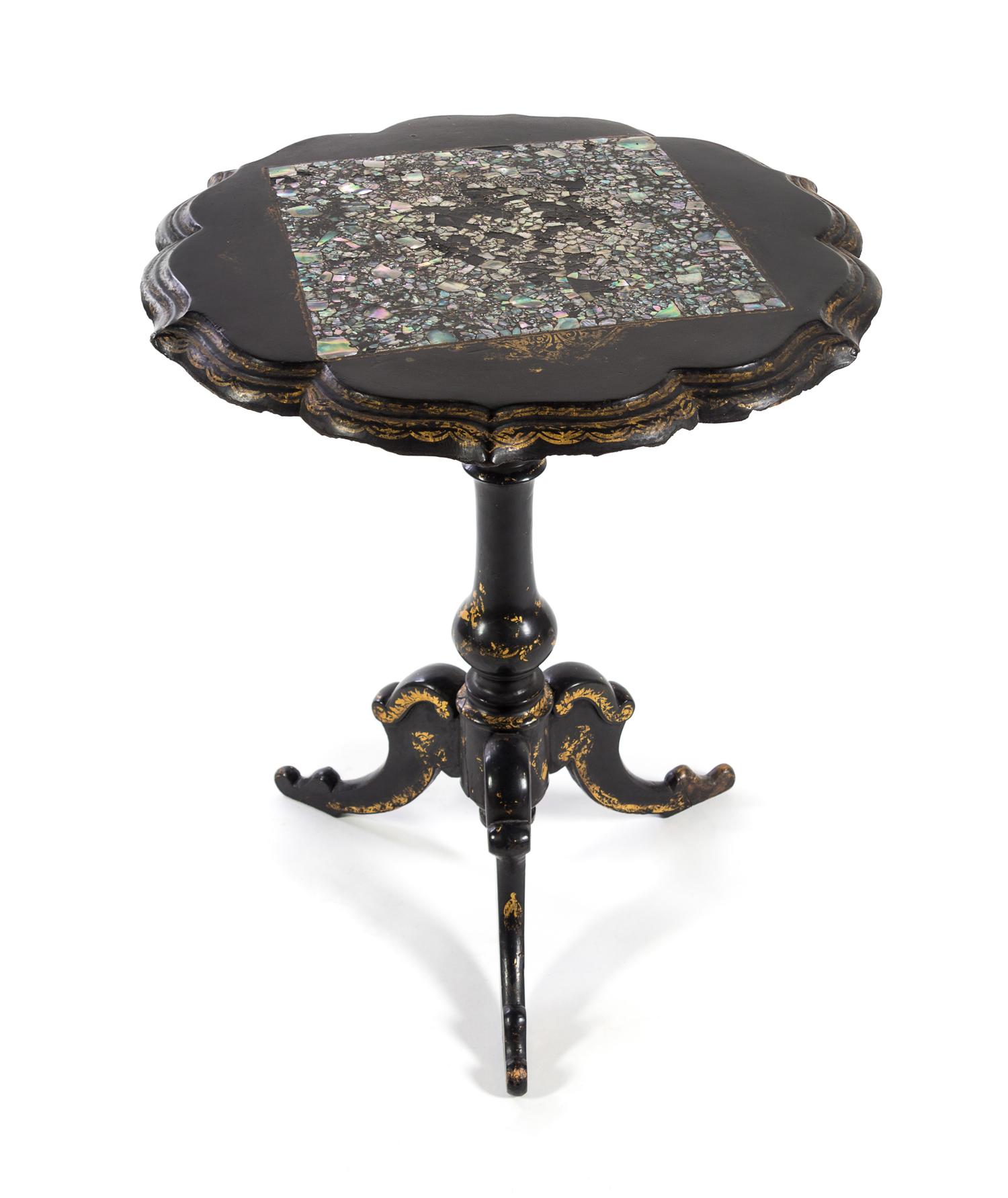 A Victorian Mother-of-Pearl Inlaid Papier Mache Table Height 28 1/2 x diameter of top 24 inches. — 19TH CENTURY