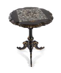A Victorian Mother-of-Pearl Inlaid Papier Mache Table Height 28 1/2 x diameter of top 24 inches. — 19TH CENTURY