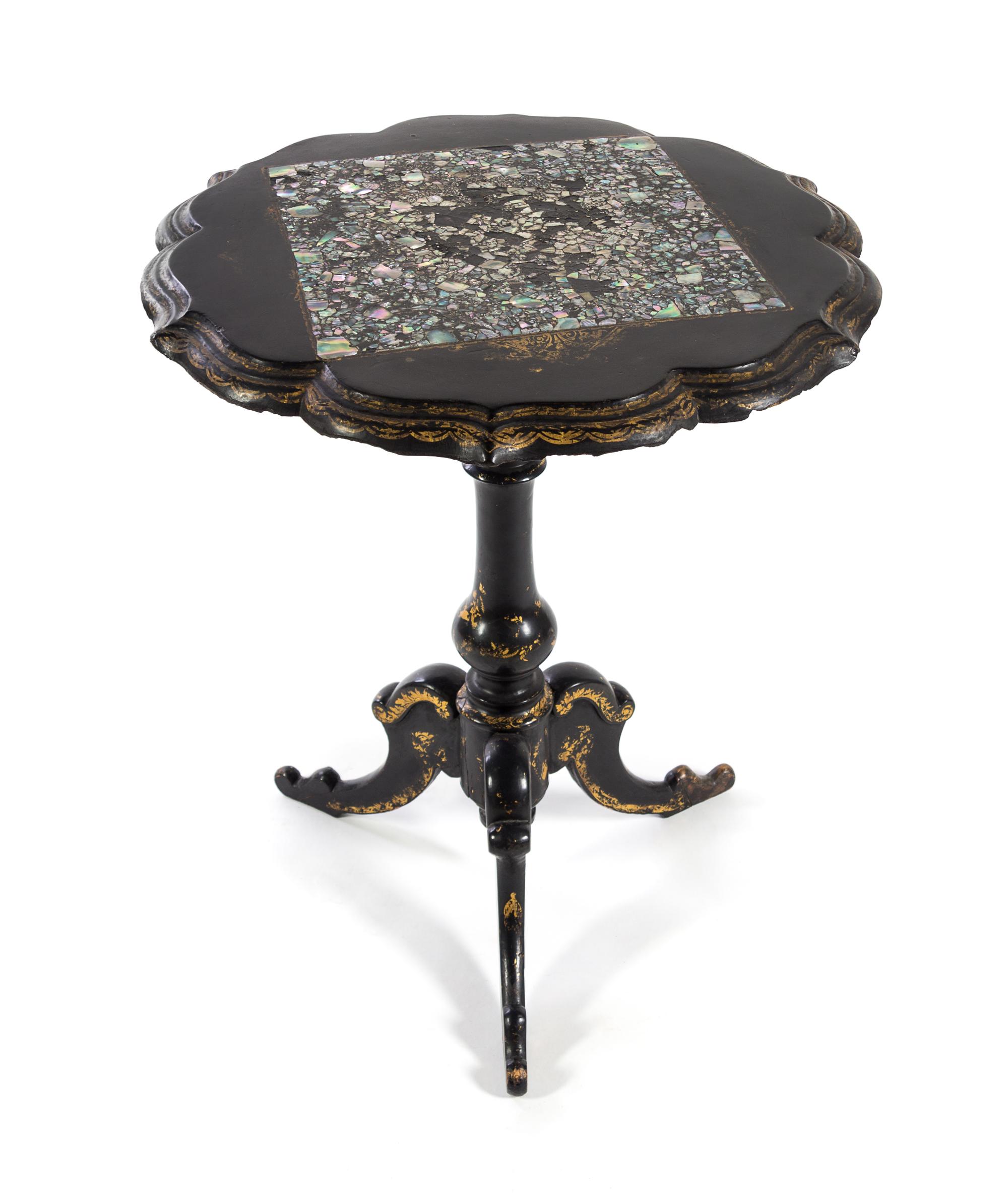 A Victorian Mother-of-Pearl Inlaid Papier Mache Table Height 28 1/2 x diameter of top 24 inches. — 19TH CENTURY