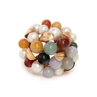 YELLOW GOLD, MULTICOLOR JADE AND CULTURED PEARL RING