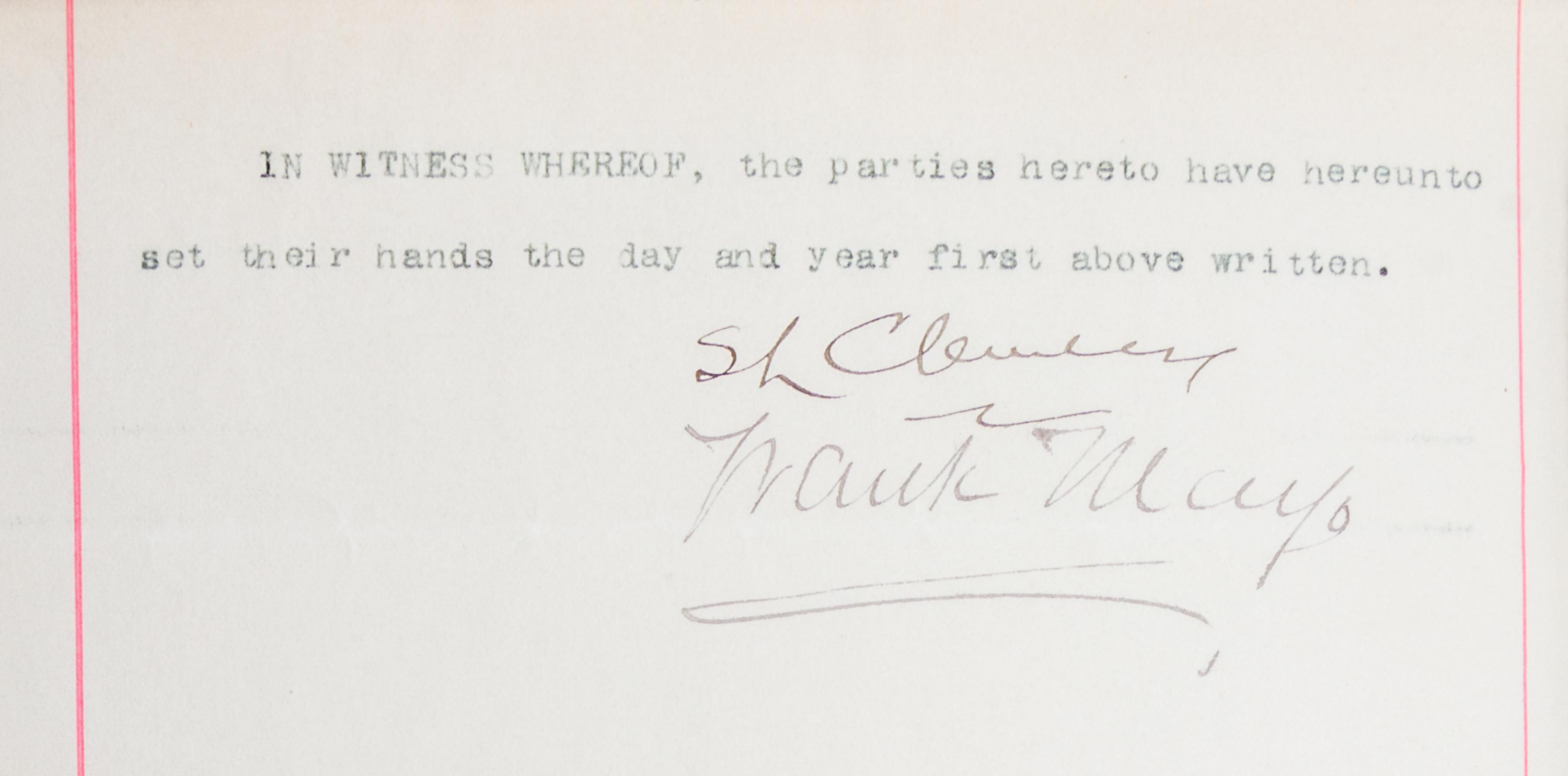CLEMENS, SAMUEL L. Contract signed for the dramatization of Pudd'nhead Wilson. With a first edition.