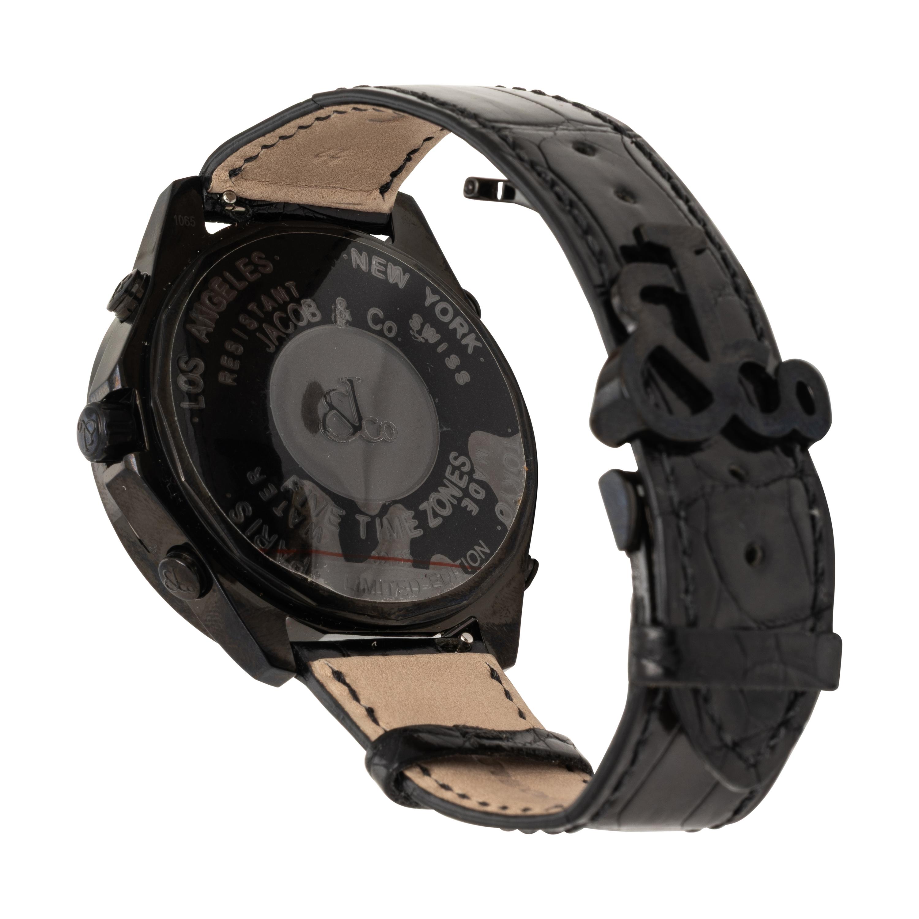 Jacob & Co., Ref. JC-SKULL9, Blackened Steel 'Five Time Zone' Watch with Diamond Skull and Crossbones Dial, with Box & Booklet