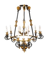 A French Empire Style Ebonized and Gilt Metal Fourteen-Light Chandelier