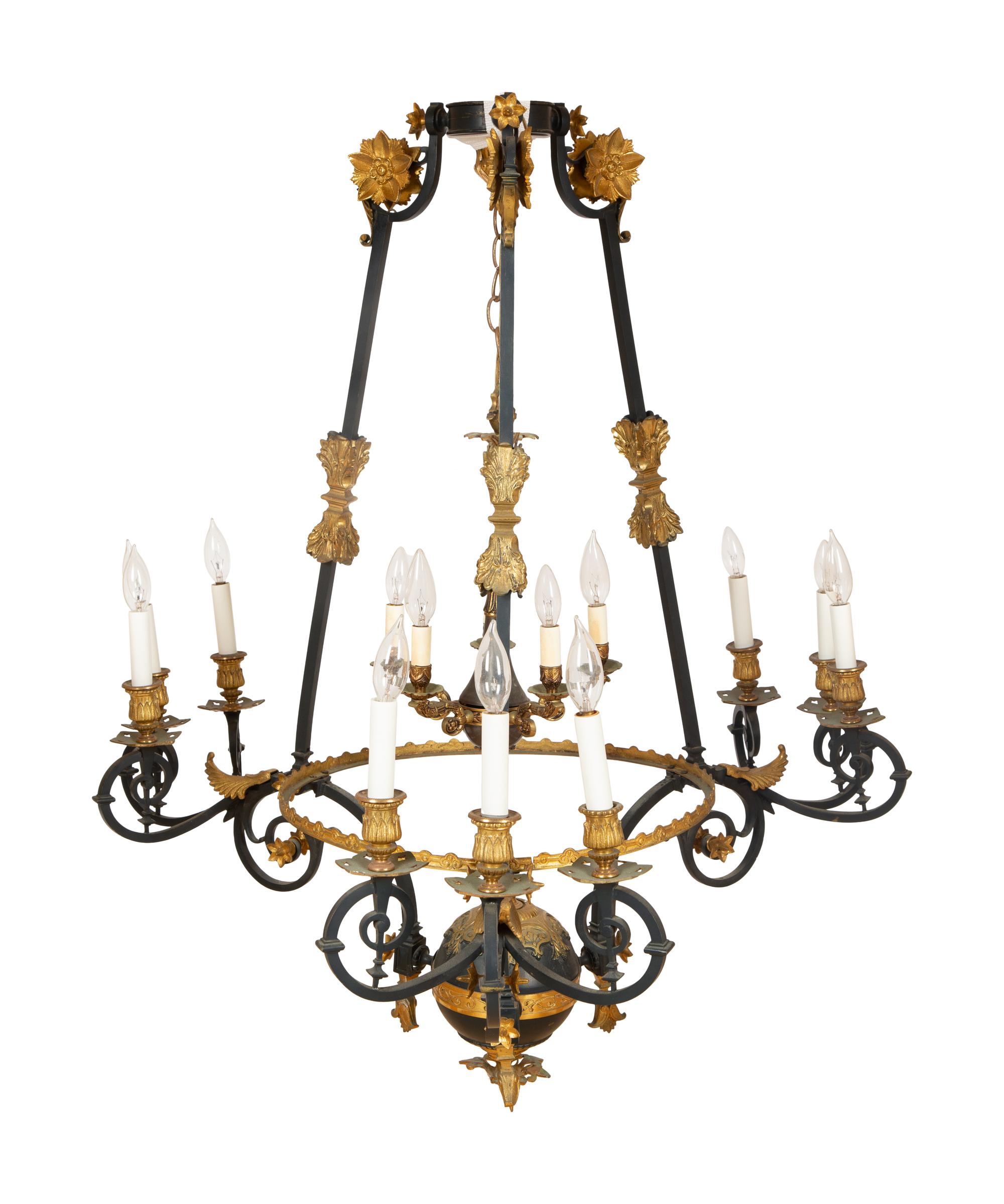A French Empire Style Ebonized and Gilt Metal Fourteen-Light Chandelier
