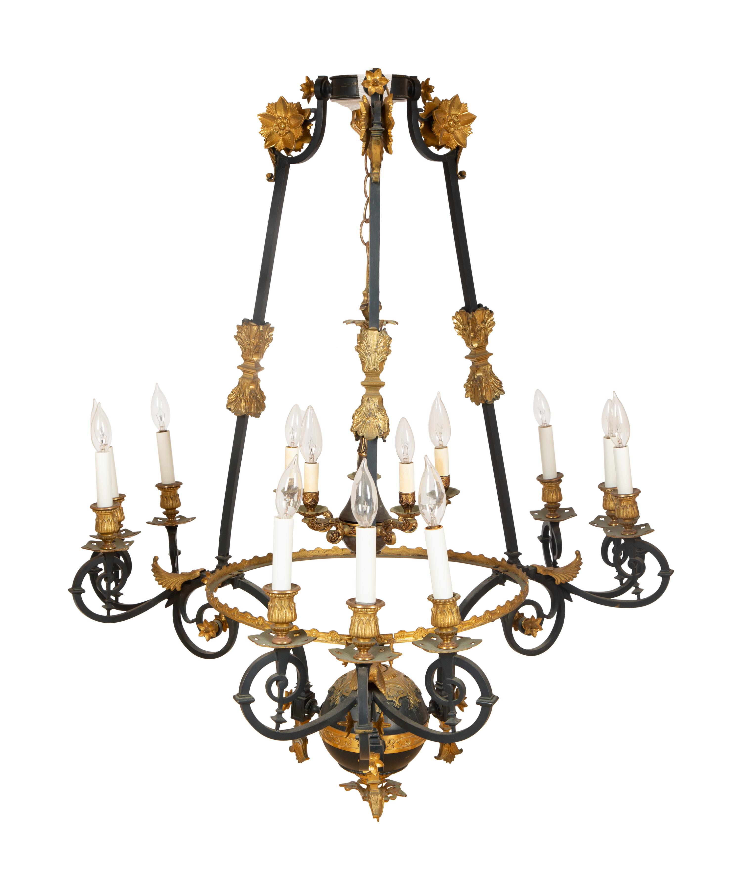 A French Empire Style Ebonized and Gilt Metal Fourteen-Light Chandelier