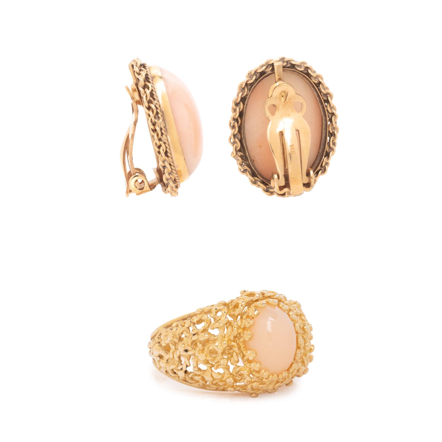 ANGEL SKIN CORAL RING AND CLIP EARRINGS
