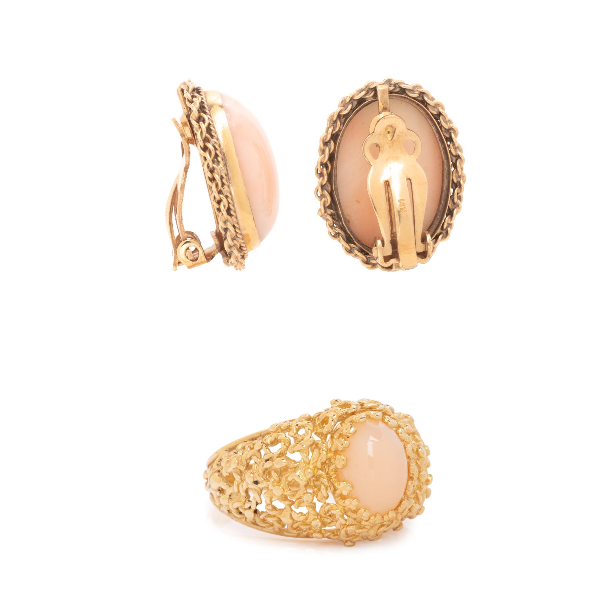 ANGEL SKIN CORAL RING AND CLIP EARRINGS